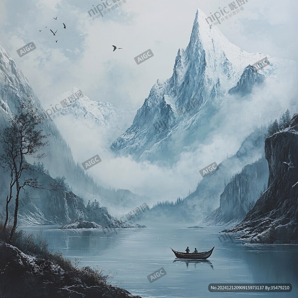 雪山河流油画