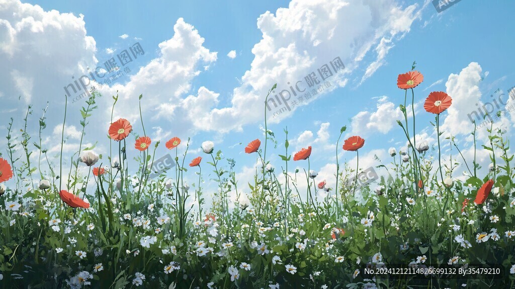 仰望蓝天白云鲜花
