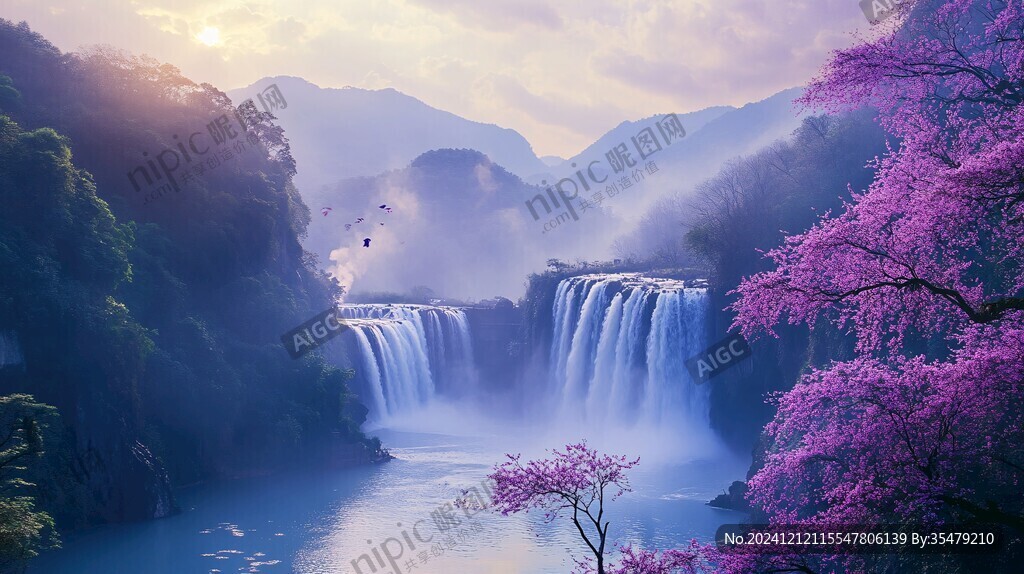 山水瀑布梅花
