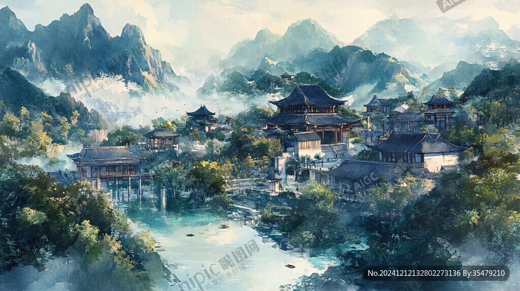 插画横店水彩水墨山水