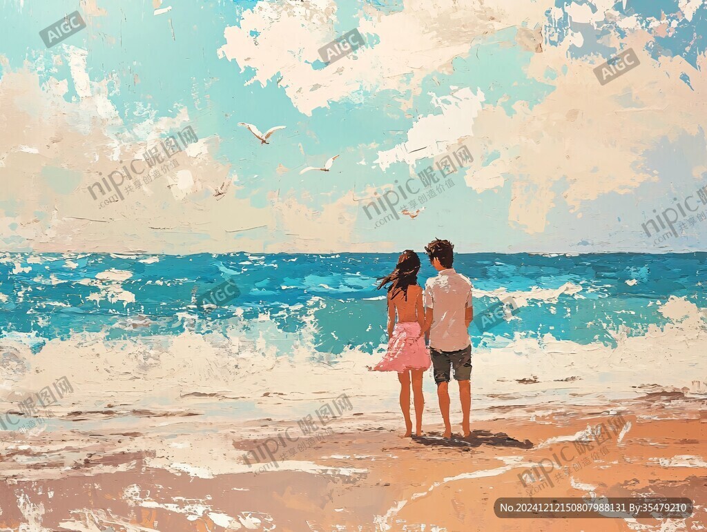 手绘看海的情侣插画