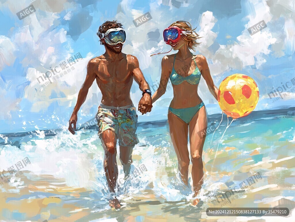海边穿泳装的情侣