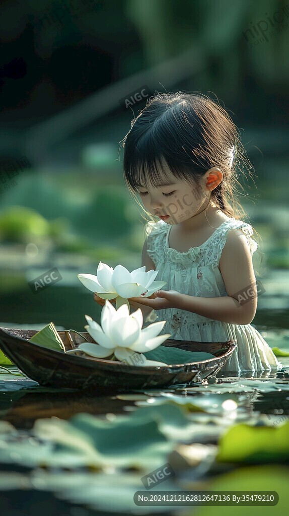 拍荷花的女孩