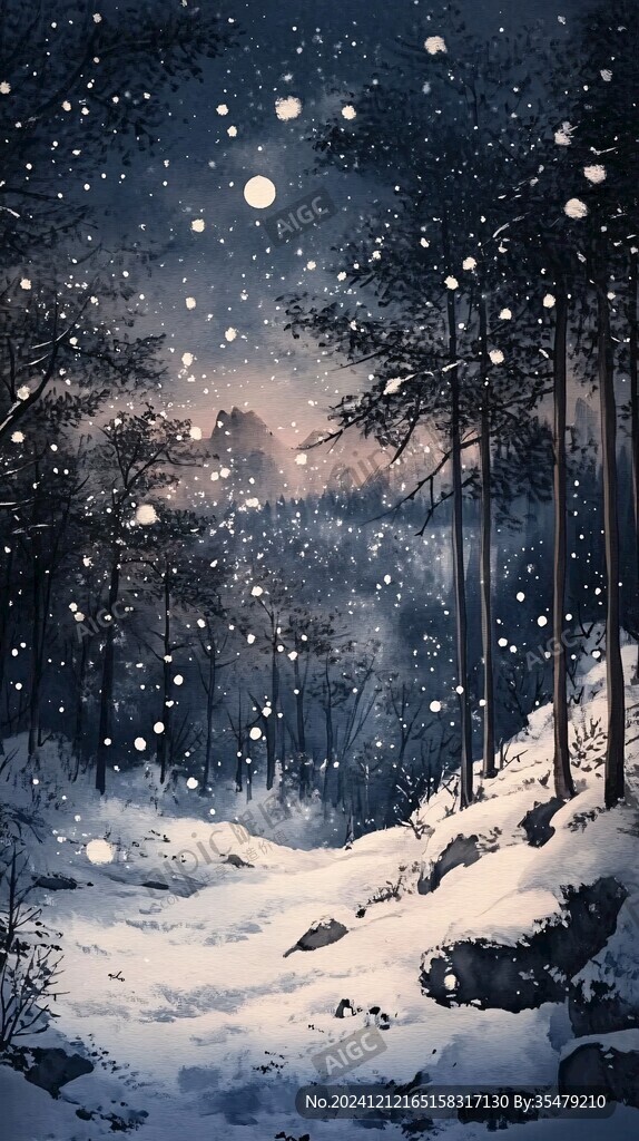 手绘雪夜风景无框画