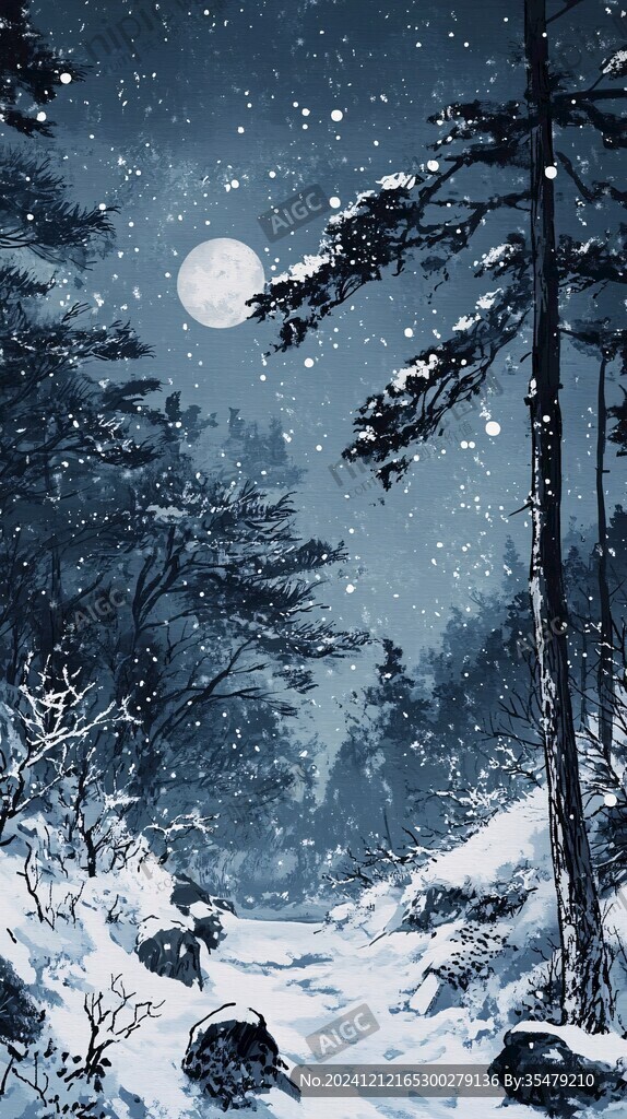 手绘雪夜风景无框画