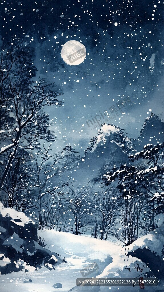 手绘雪夜风景无框画