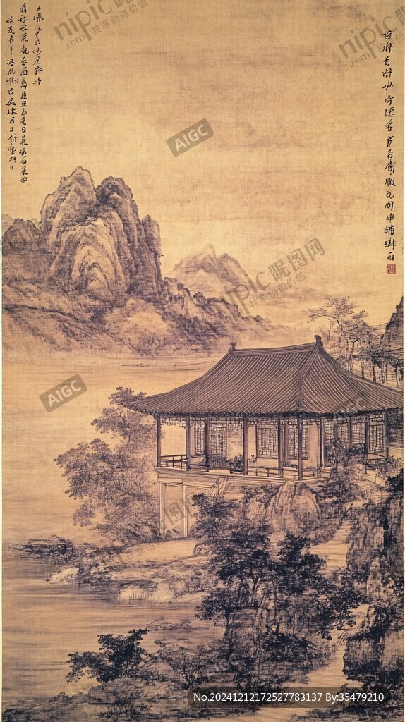 楼阁山水人物轴