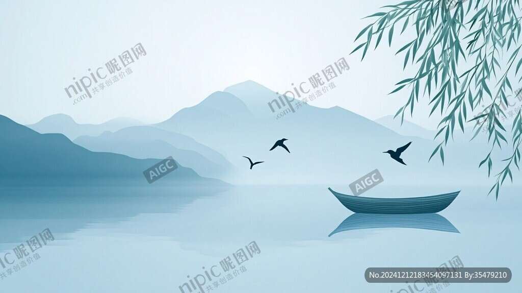 中式山湖插画