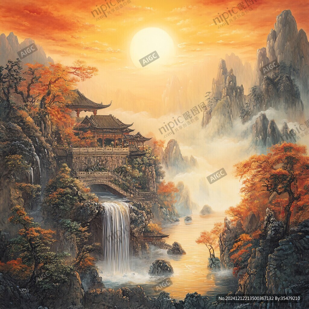 旭日东升楼阁山水画