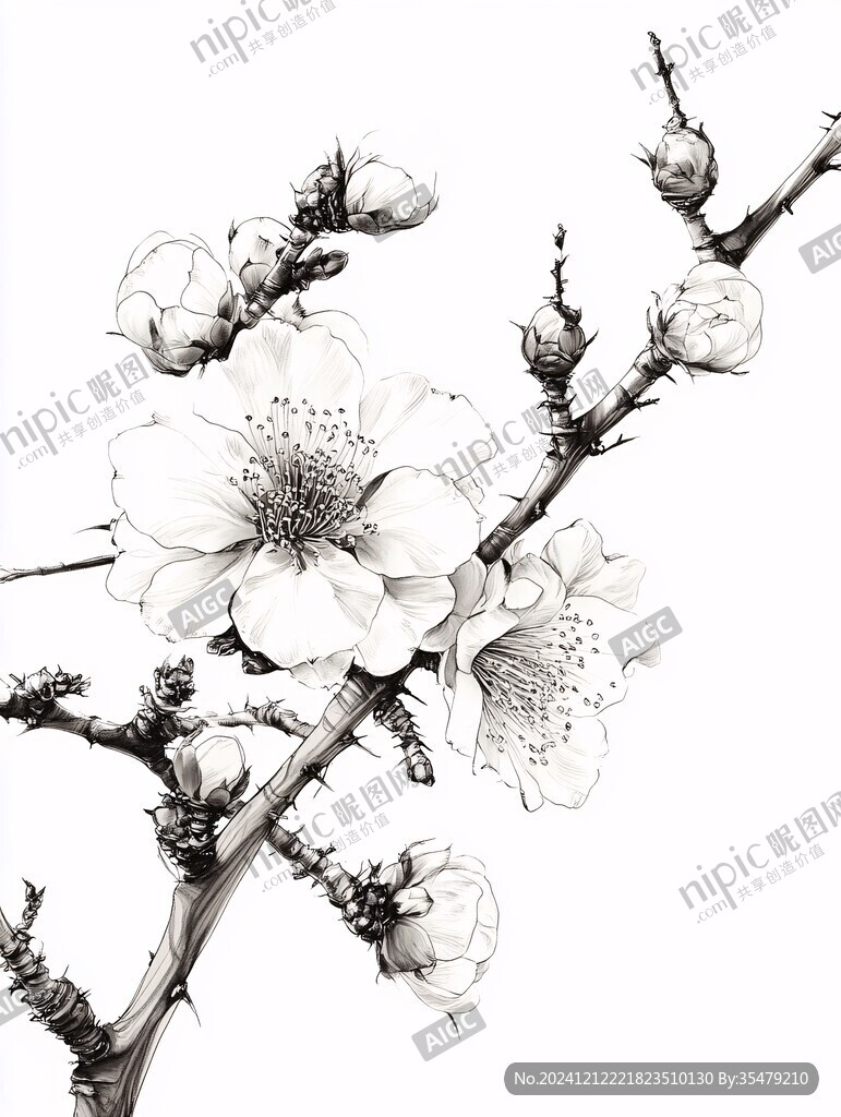 手绘梅花花工笔画