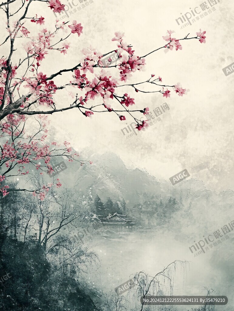 水墨桃花禅意山水
