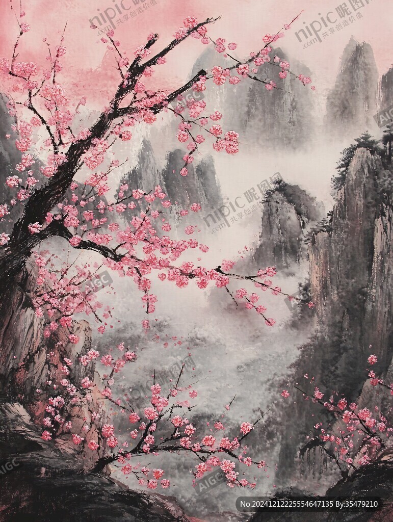 工笔红梅山水画