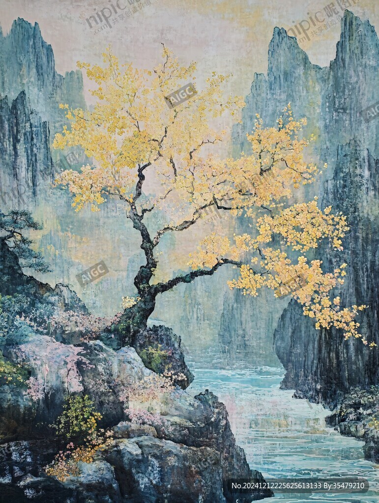 迎客松油画