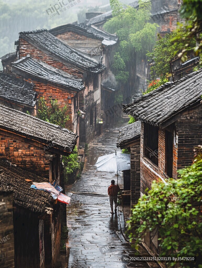 雨中古村