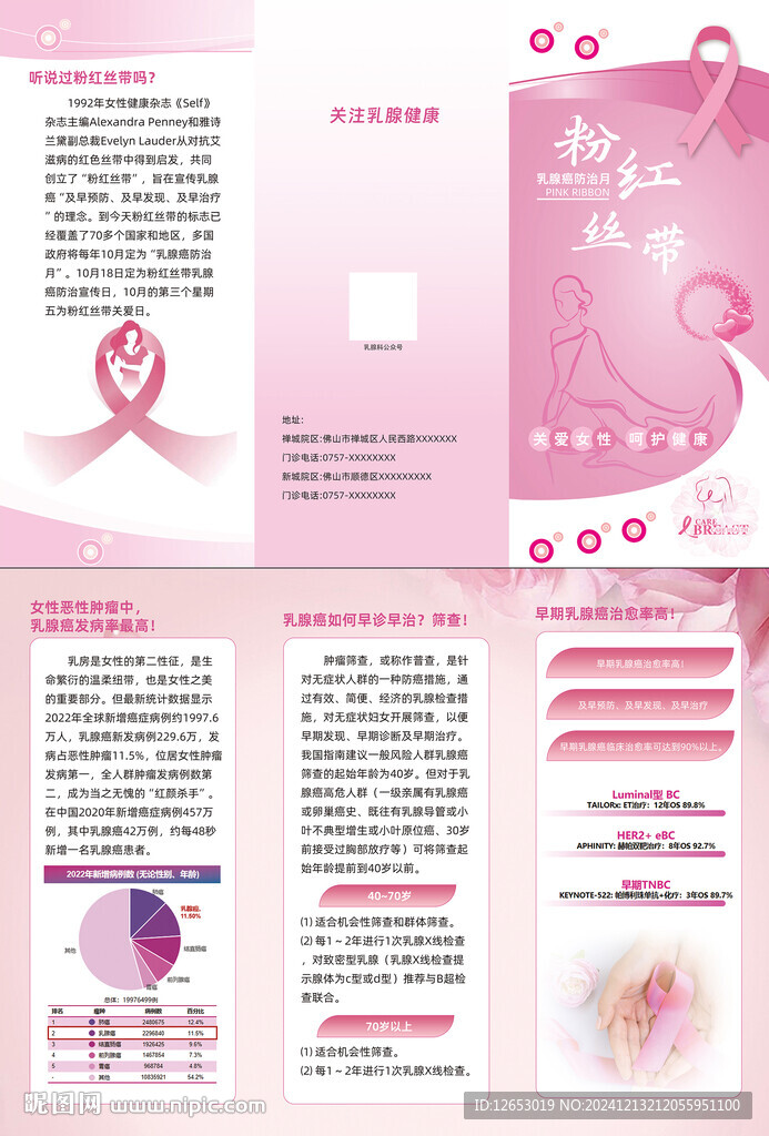 粉红丝带乳腺癌宣传公益三折页
