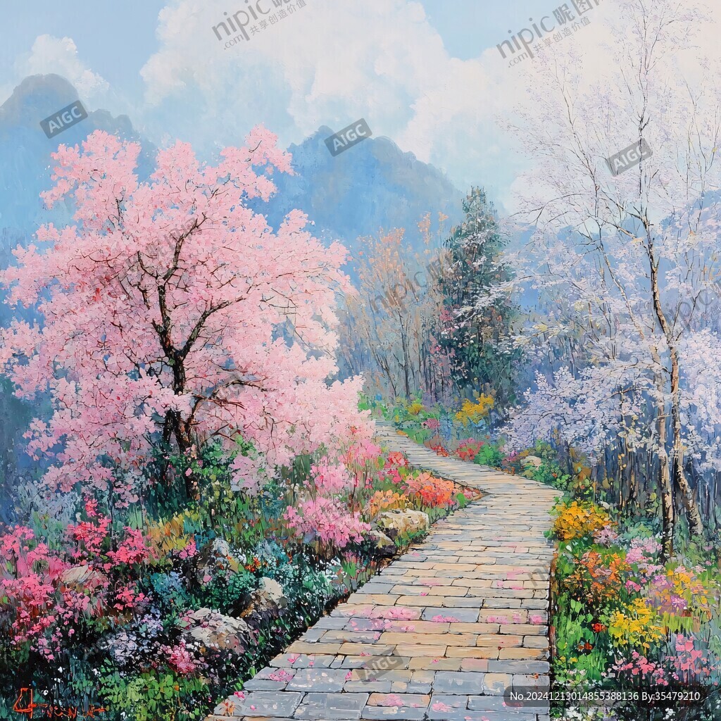 桃花风景油画