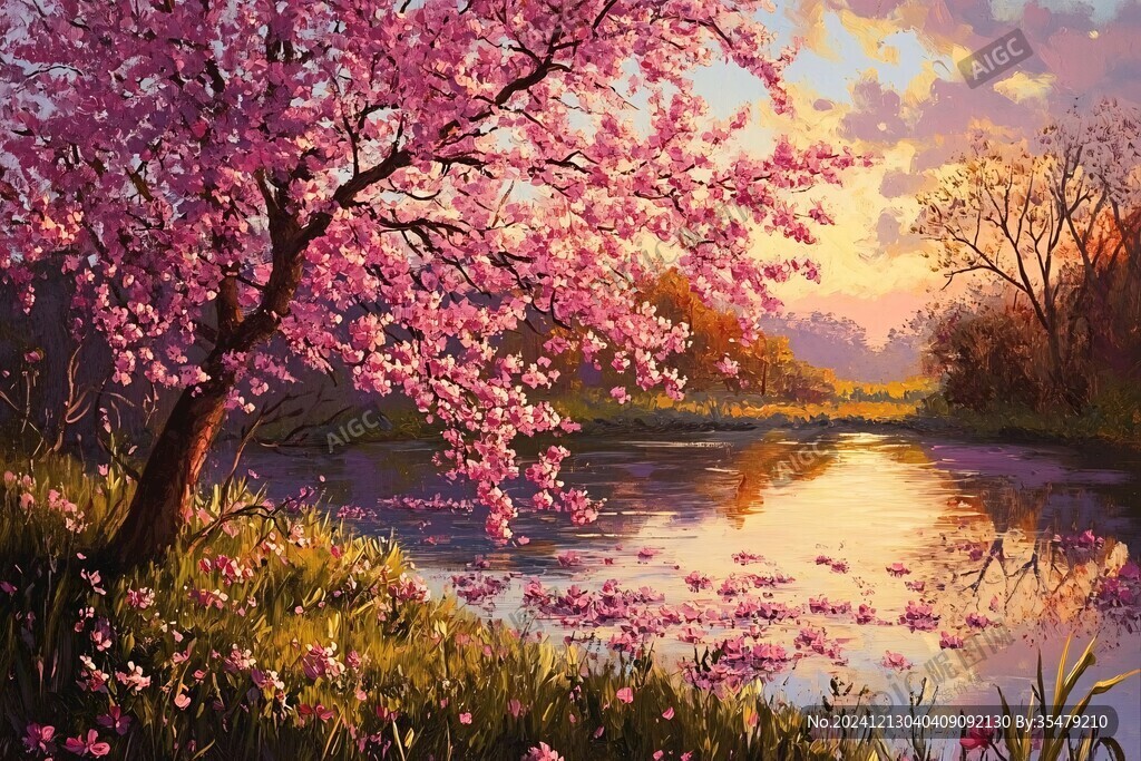 桃花风景油画