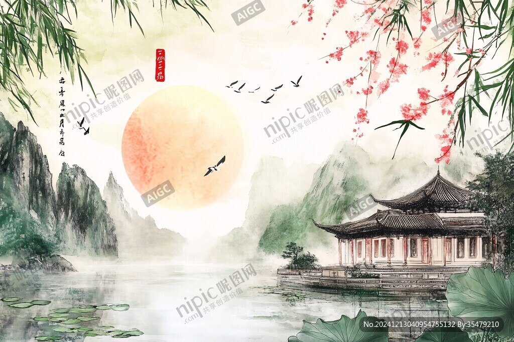 仙鹤楼阁古风山水画