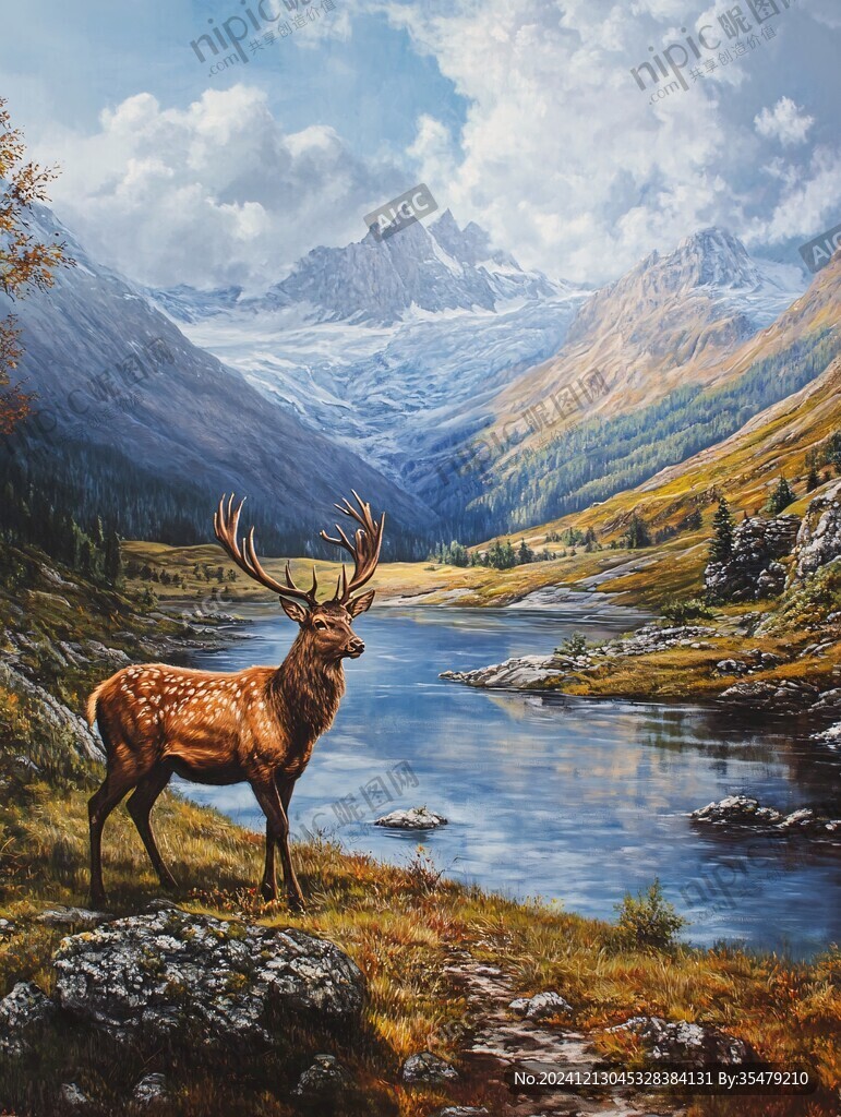 麋鹿风景油画