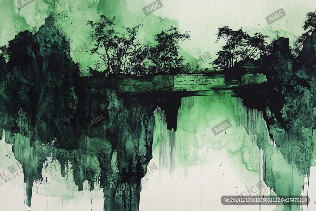 山水风光禅意水彩画