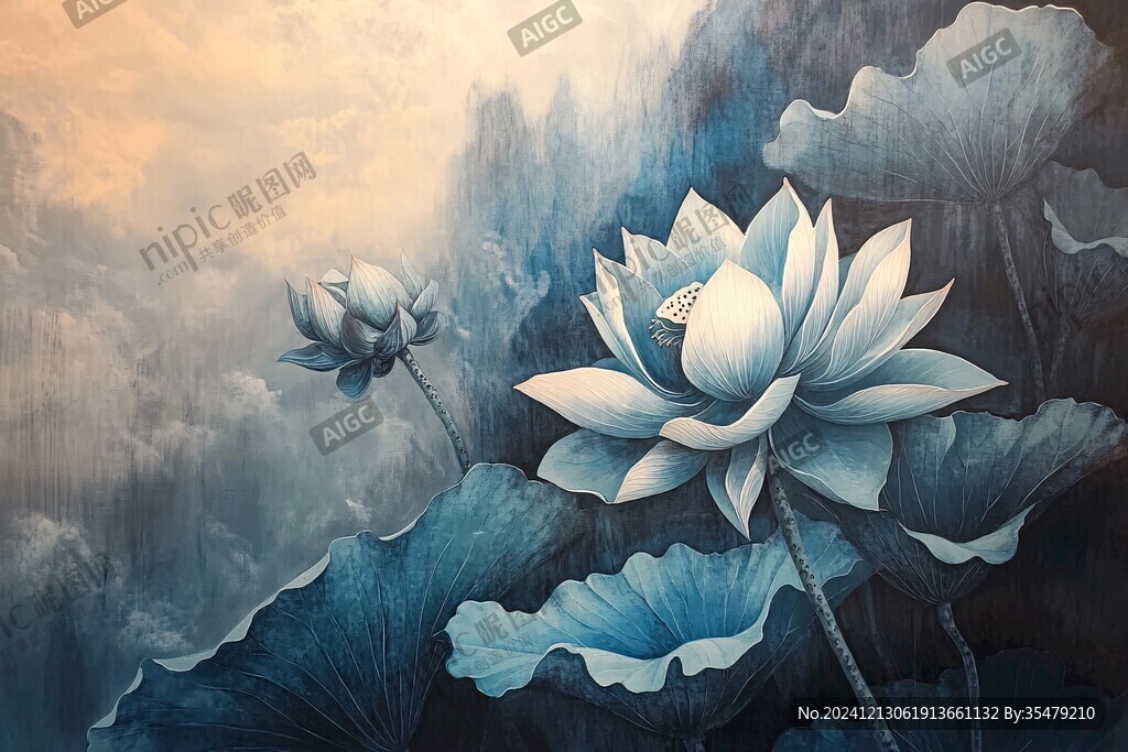 蓝色荷花壁画