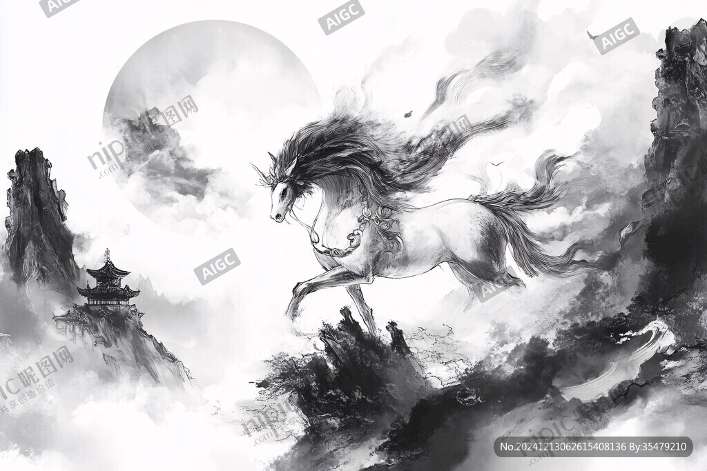 龙马插画设计水墨画