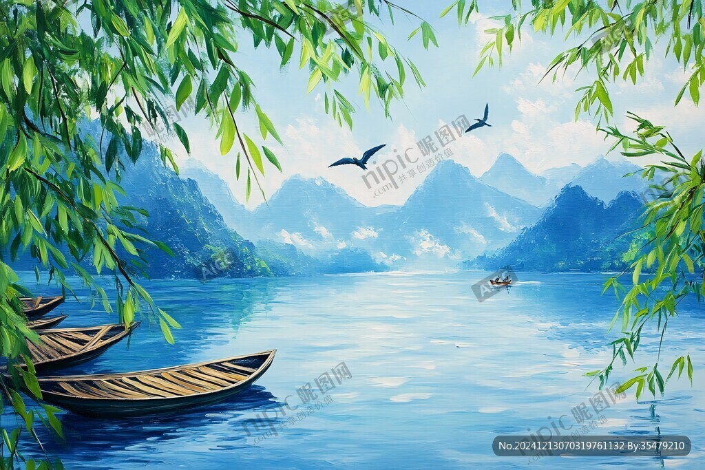 绿色山水壁画装饰