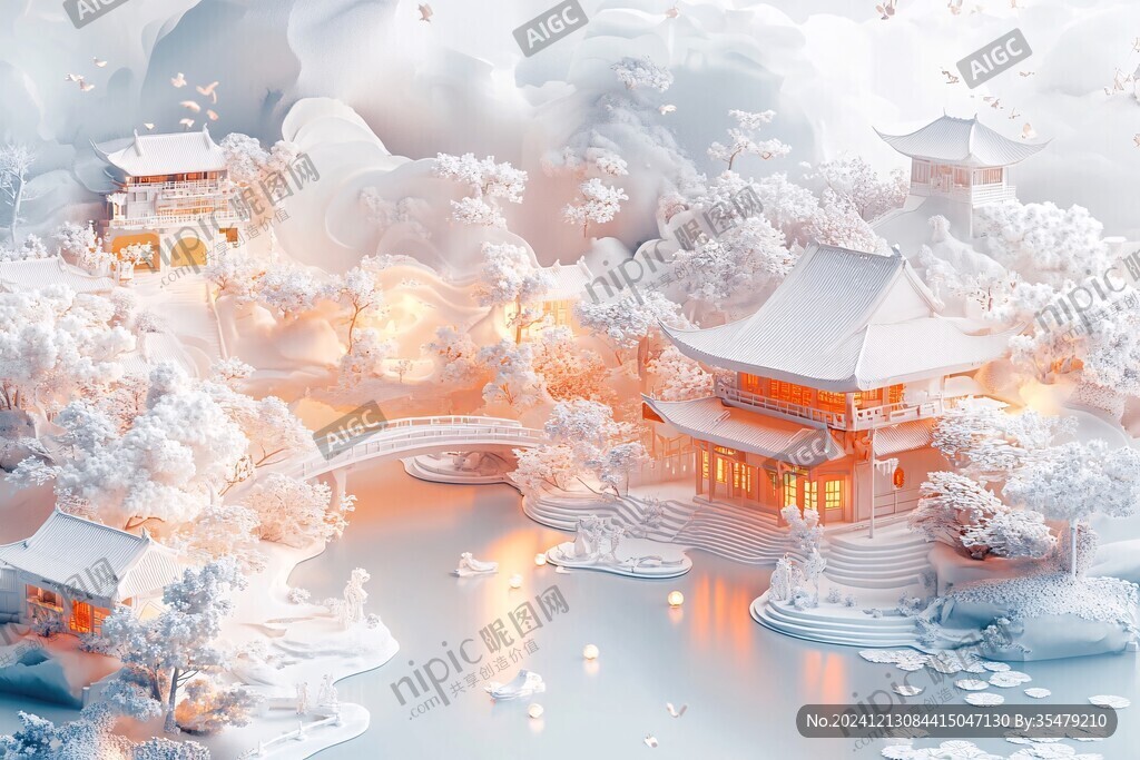 新中式楼阁山水