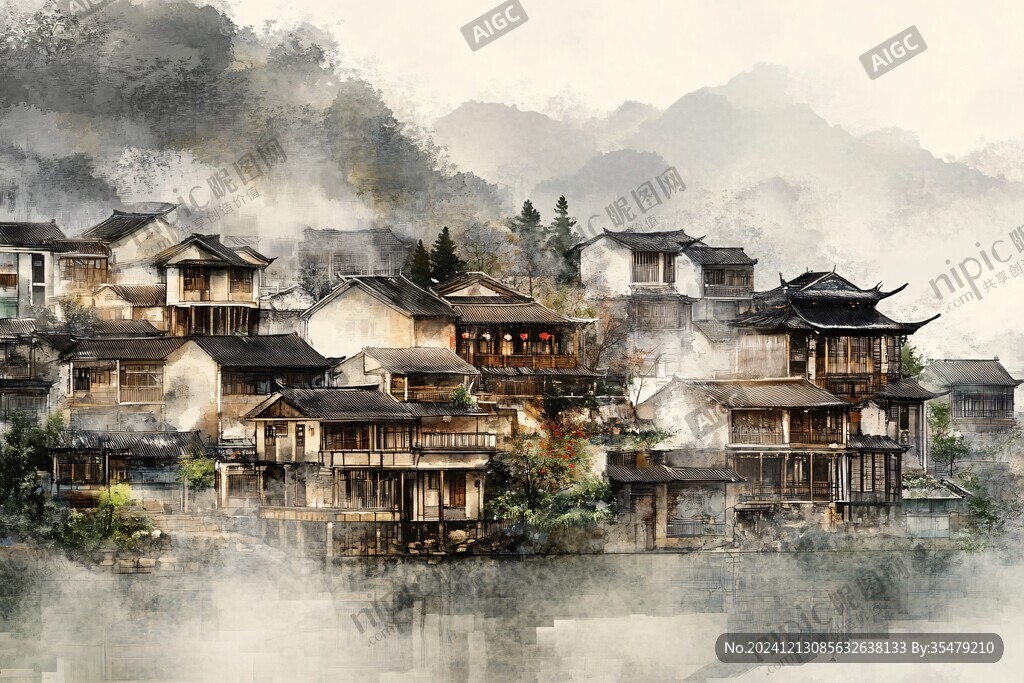 壮族水彩水墨建筑设计