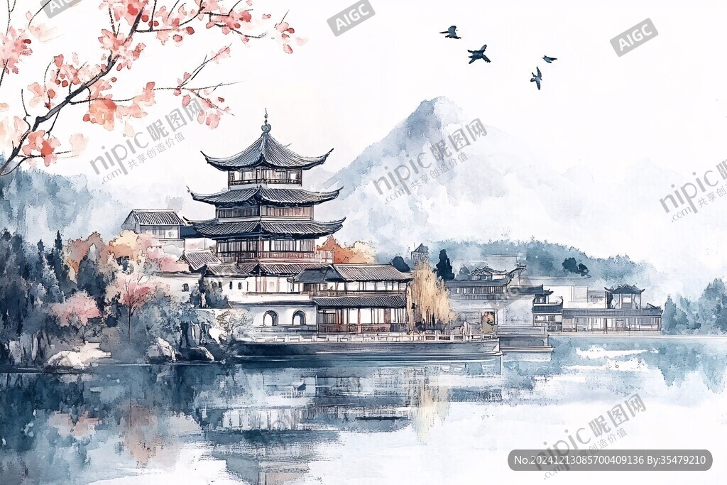 插画横店水彩水墨山水