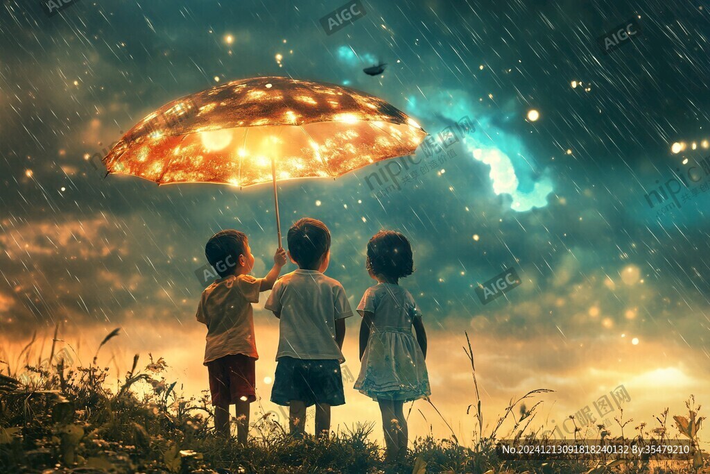 雨中玩耍的小孩