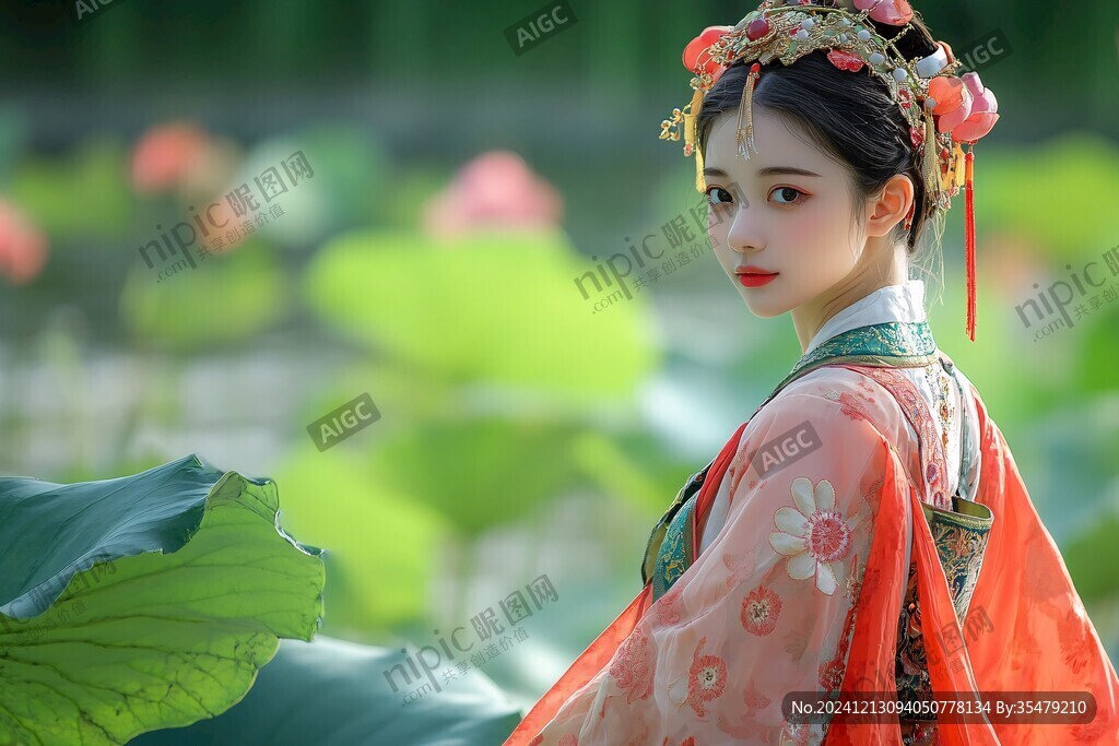 仲夏风荷塘侍女