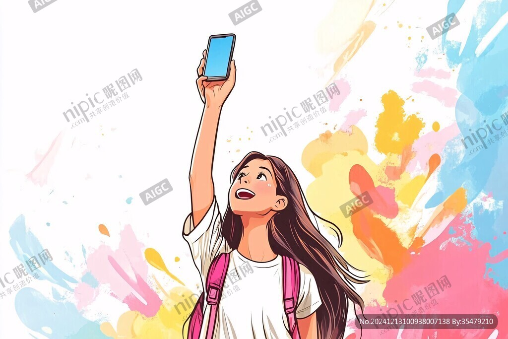 自拍的女孩插画平面图