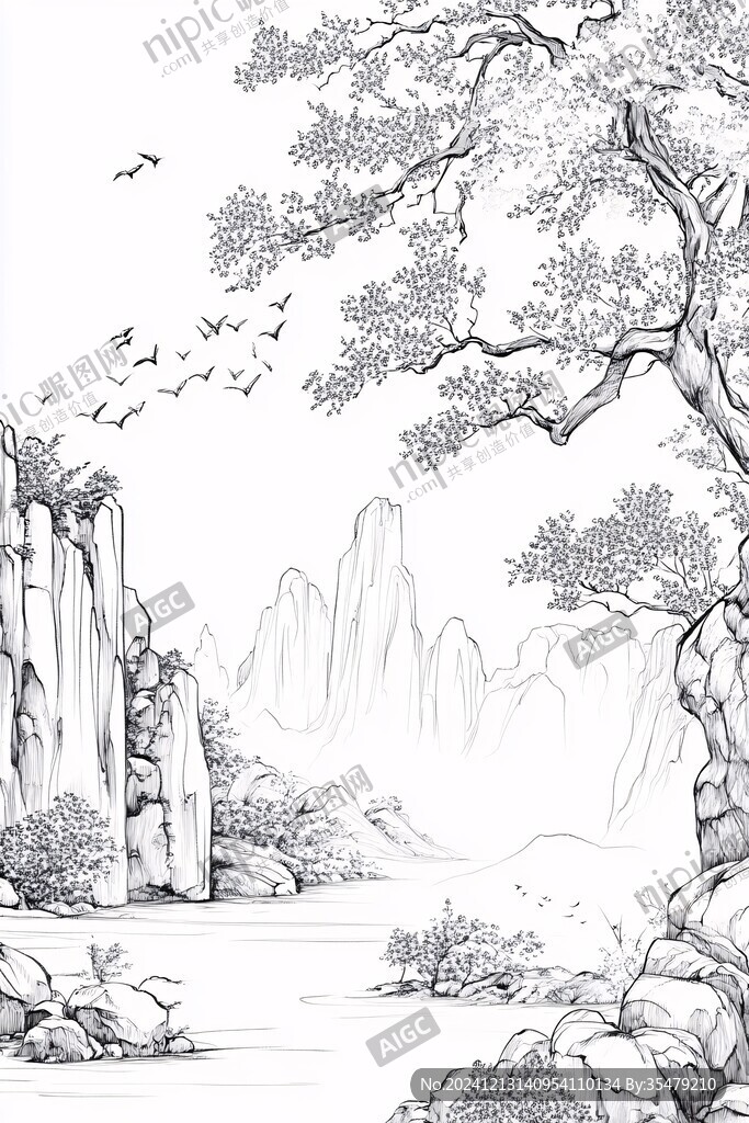 古风山水线描