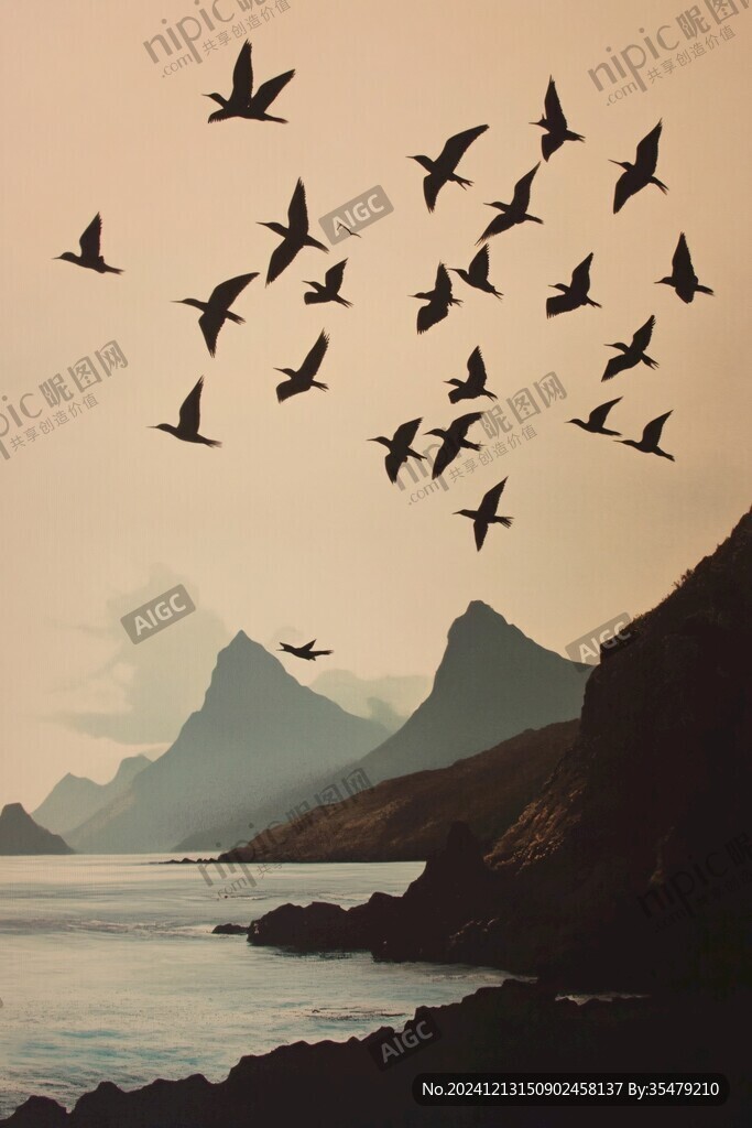 展翅飞翔的一群海鸟
