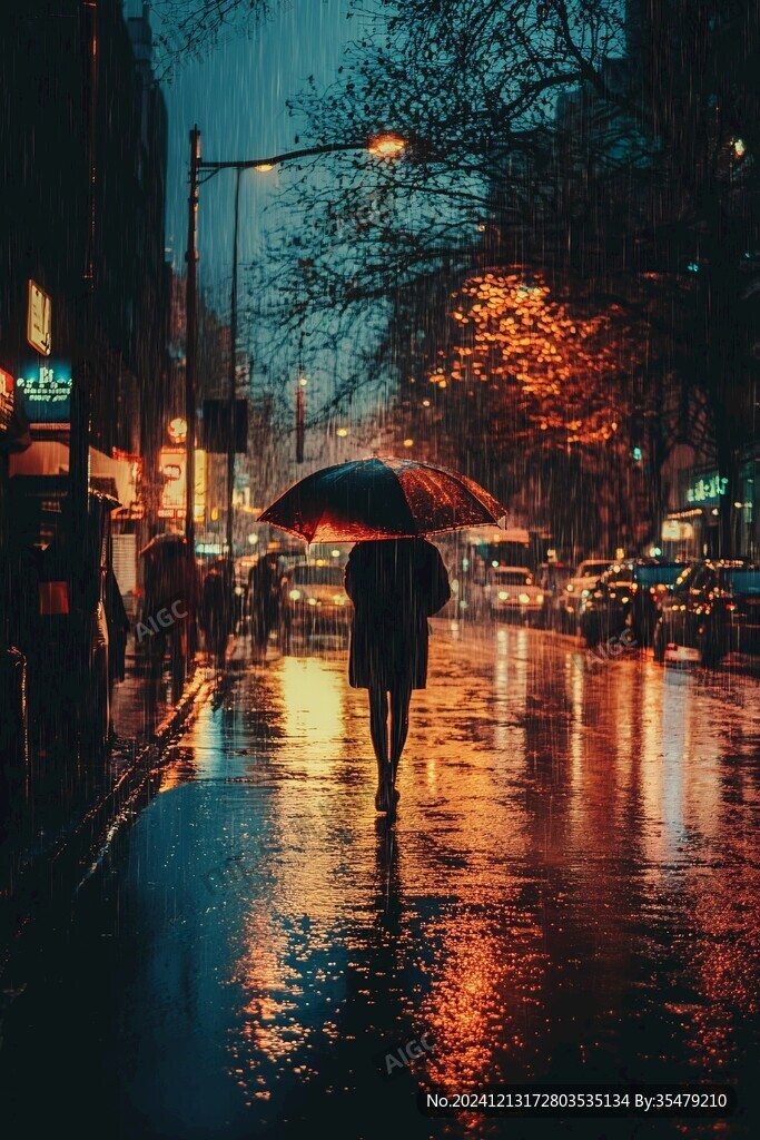 夜晚雨中行走的人