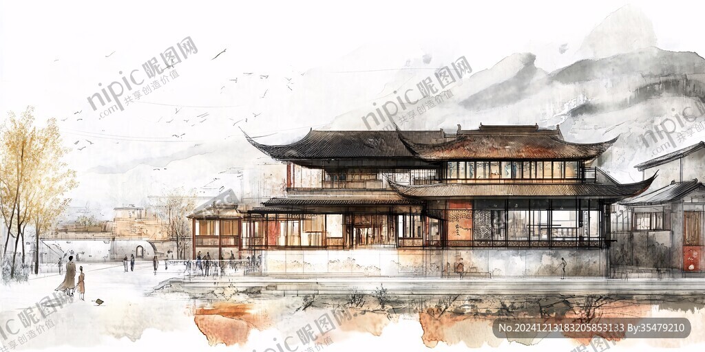 汉族水彩水墨建筑设计