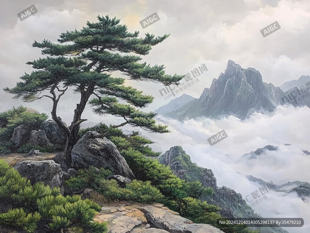 迎客松油画