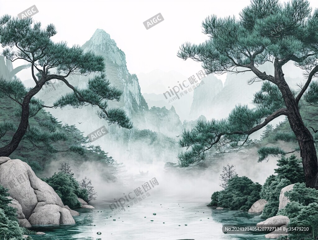 迎客松青绿山水壁画