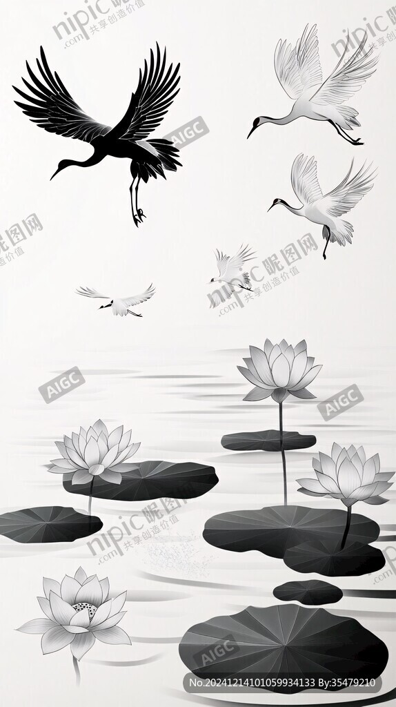 仙鹤云纹禅意中式荷花