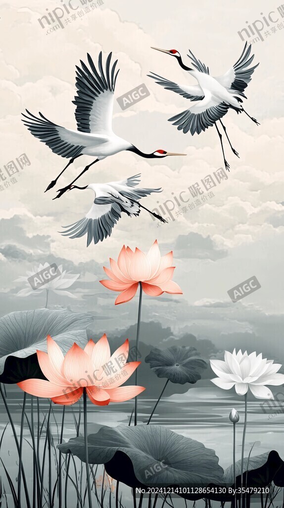 仙鹤云纹禅意中式荷花
