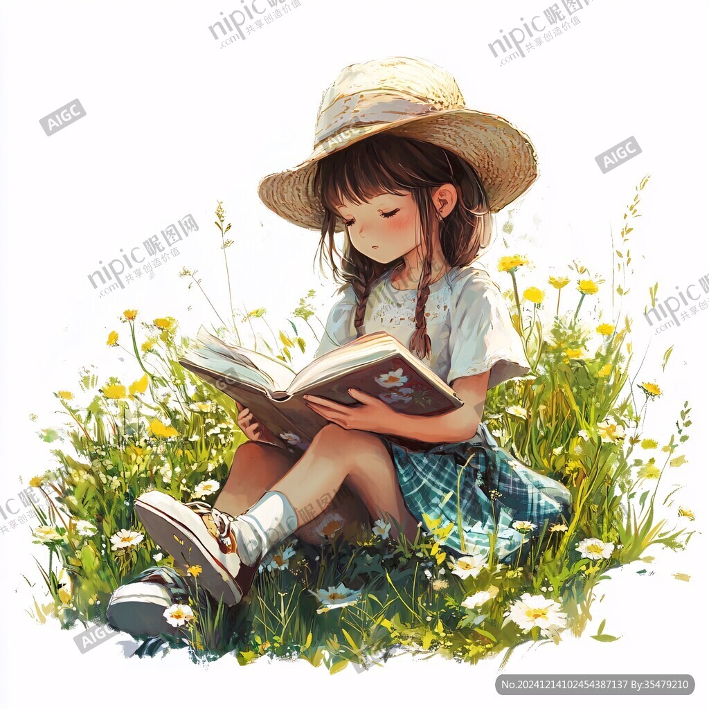 小女孩读书配图