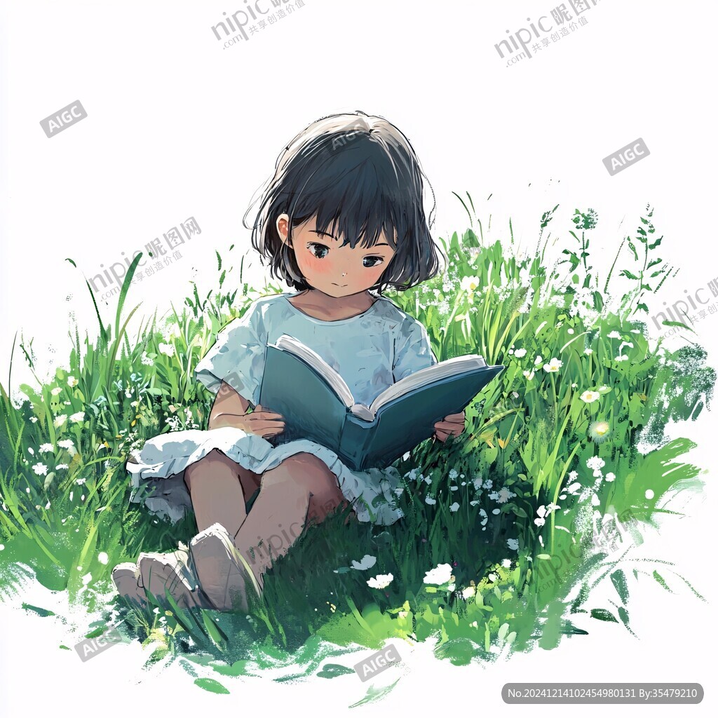 坐在草地上看书的女孩