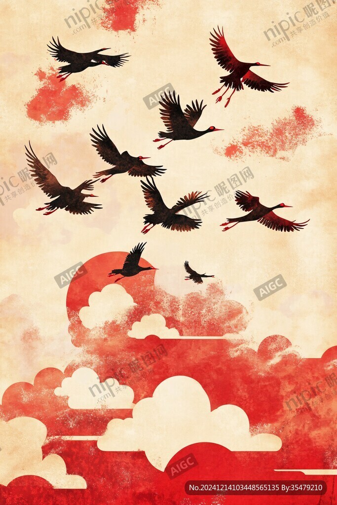 仙鹤云海插画