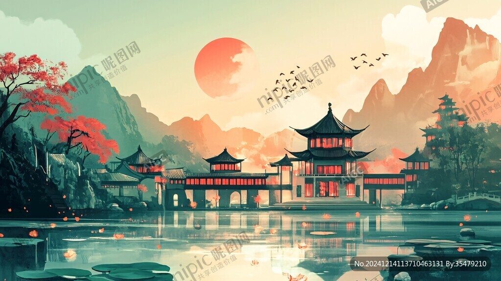炫彩渐变山水古建插画