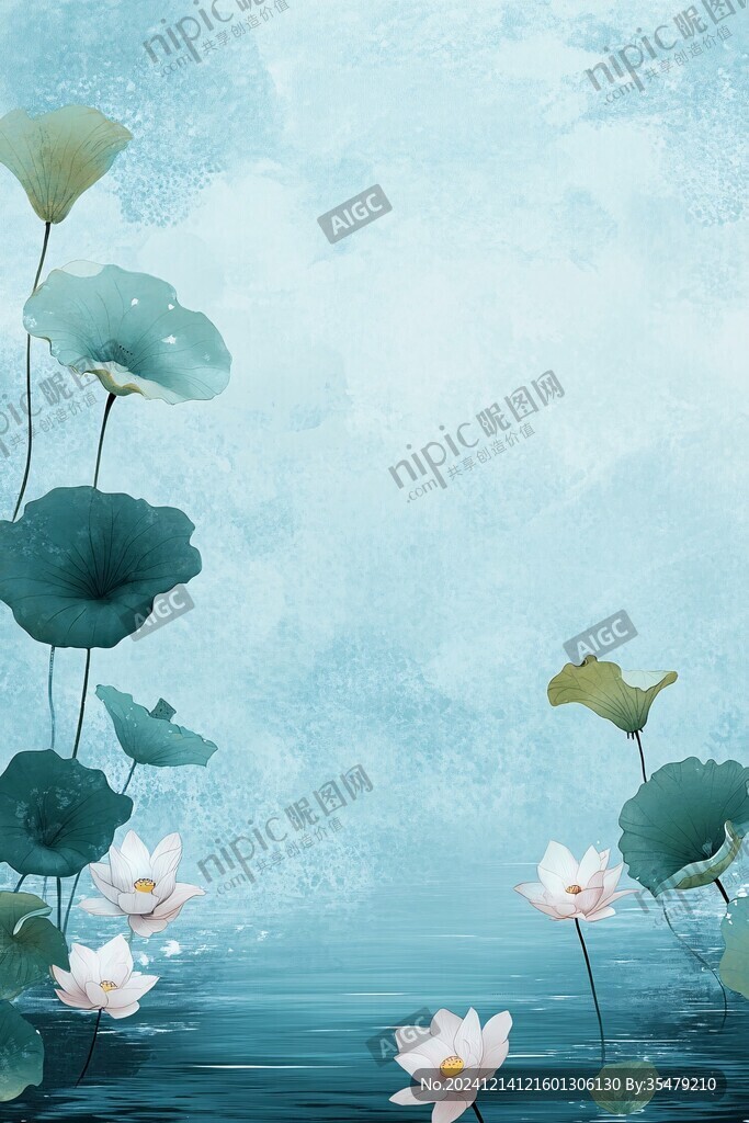深蓝背景荷花图