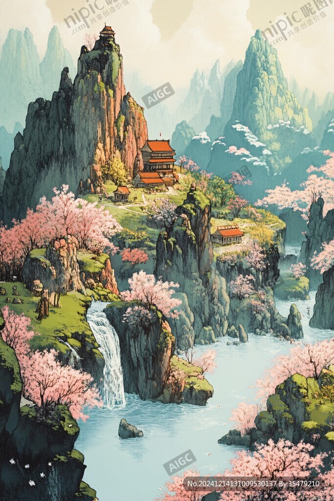 桃花源记古风山水插画