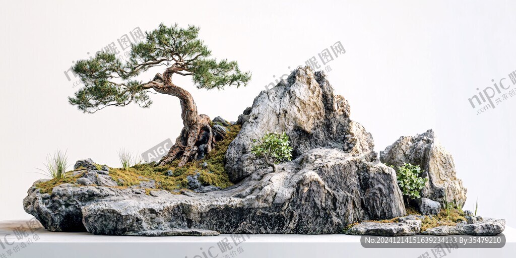 假山青松远山山水