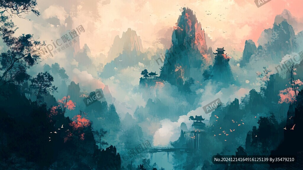 天界晓钟风景插画