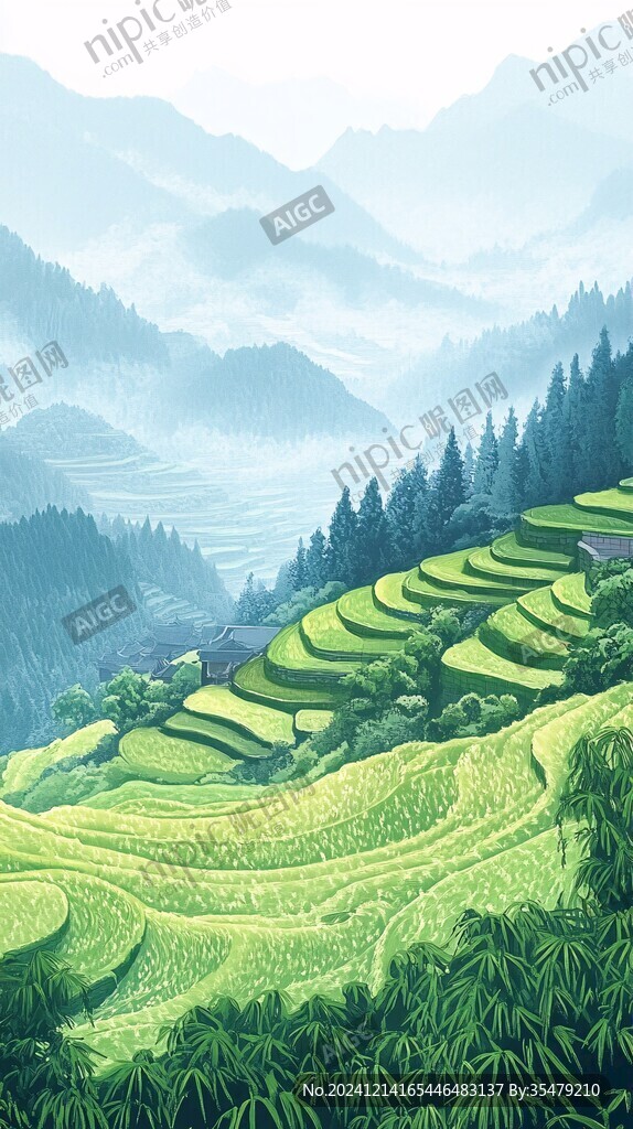 水稻梯田插画